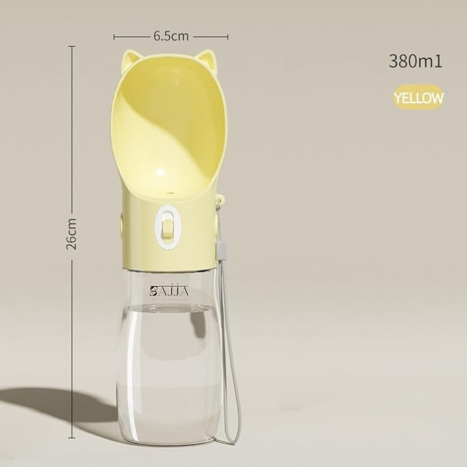 Dog Water Bottle Dispenser - 380 ML Yellow- Leak-Proof Lock & One-Hand Operation - Dog Water Bowl Dispenser - Pet Travel Bottle with Built-in Bowl,