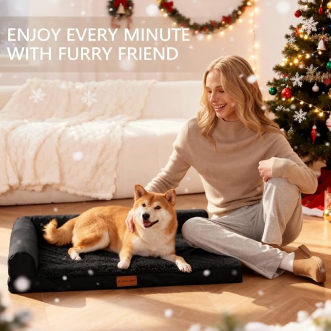 Patas Lague Orthopedic Dog Bed Large Sized Dog 36''X24'', Waterproof L Bolster Medium Pet Sofa Beds with Removable Washable Cover, Soft Comfortable Pet Couch Crate Mat with Nonskid Bottom, Black