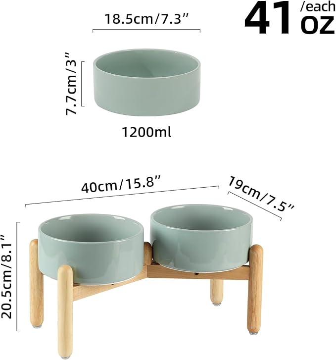 Ceramic 7.3inch Raised Double Bowls Set with Wooden Stand, Food & Water Bowls for Medium Breed Dogs, Weighted Dog Dishes, Pet Feeder(Light Green)