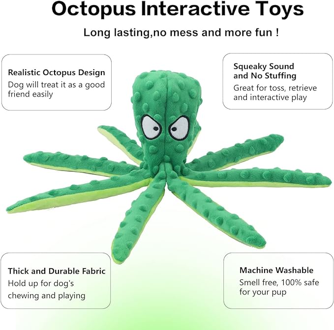 Dog Squeaky Toys Octopus - No Stuffing Crinkle Plush Dog Toys for Puppy Teething, Durable Interactive Dog Chew Toys for Small, Medium and Large Dogs Training and Reduce Boredom, 2 Pack