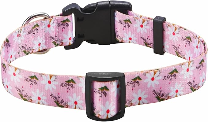 Dog Collar with Bohemia Floral Tribal Geometric Patterns - Soft Ethnic Style Collar Adjustable for Small Medium Large Dogs (Pink White Flower,M)