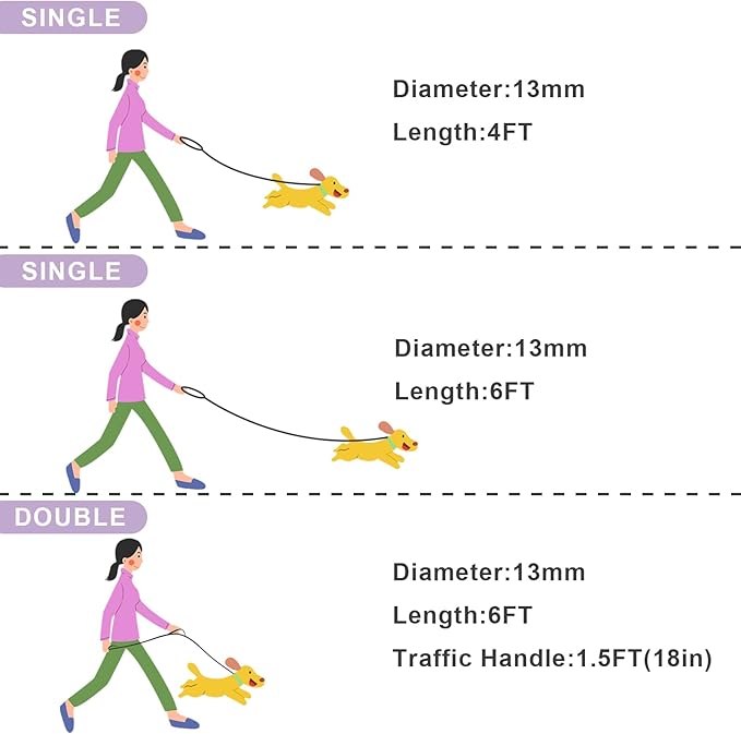 Rope Dog Leash with Two Handles, 6 Foot Heavy Duty Dog Leash with Aviation Aluminum Auto Locking Carabiner, Strong Nylon Pet Lead for Small, Medium, Large Dogs (Purple, 6FT-Two Handle)