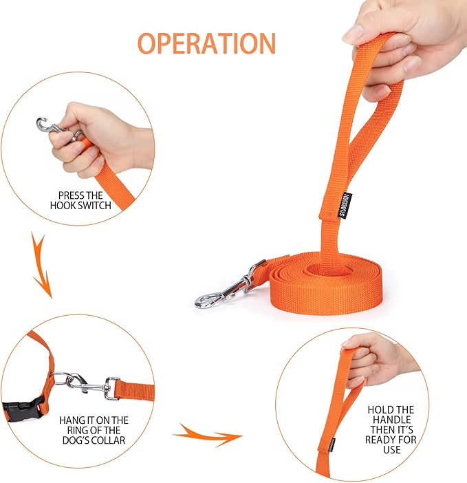 Strong Durable Nylon Dog Training Leash, 1 Inch Wide Traction Rope, 6 ft 10ft 15ft Long, for Small and Medium Dog (Orange, 10 Feet)