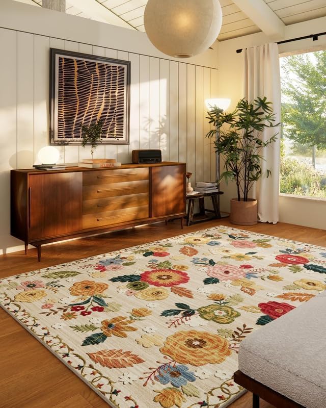 10x14 Area Rug Washable Rugs: Large Living Room Rug Stain Resistant Non Slip Distressed Vintage Floral Rug Low Pile Faux Wool Soft Rugs for Bedroom Bedside Farmhouse Dining Room Kids Playroom Nursery