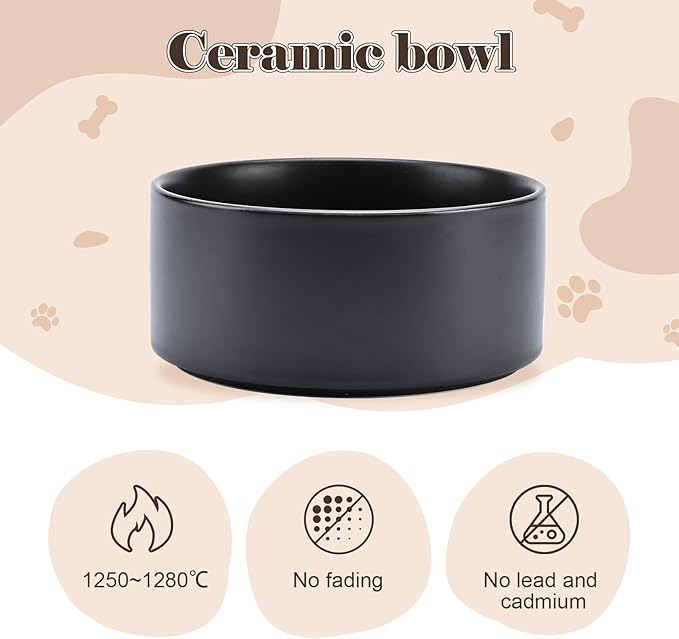 SPUNKYJUNKY Ceramic Dog Bowls with Acacia Wood Stand - Raised Dog Food and Water Bowl Set for Small Dogs (13.52 OZ, Black)