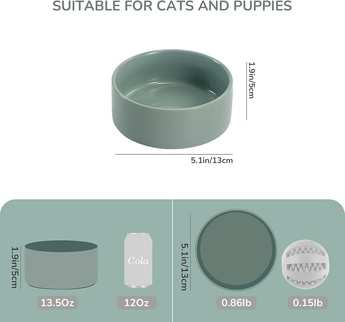 SPUNKYJUNKY 13.5OZ Ceramic Dog and Cat Bowl, Modern Cute Weighted Food Water Bowl for Replacement Morandi Green (1 Pack)