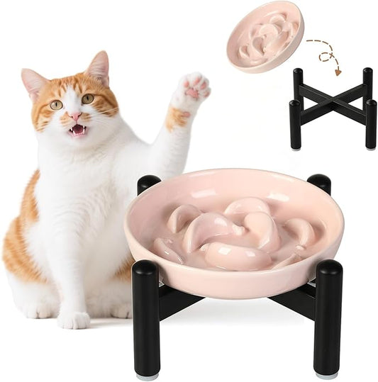 Elevated Slow Feeder Cat Bowl - Ceramic Cat Food Dish with Anti-Slip Stainless Steel Stand - Raised Maze Plate for Slow Eating - Light Pink