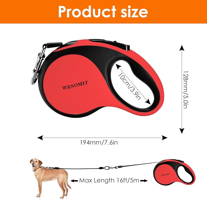 Retractable Dog Leash with Chew Proof Cable and LED Flashlight, 16Ft Heavy Duty Dog Leash for Medium Large Dogs up to 110lbs, 360째 No Tangle (Red+16ft+LED)