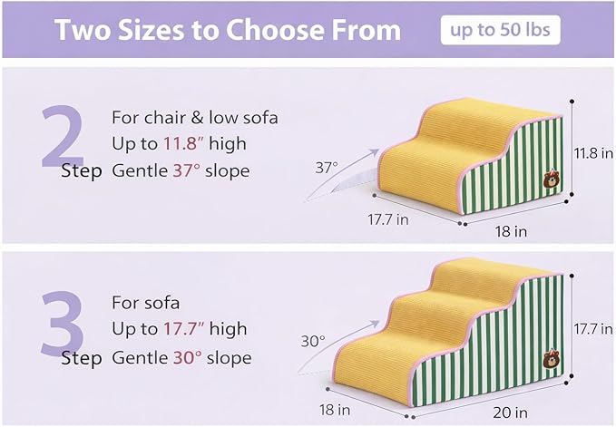 Dog Steps for Small Dogs, Dog Stairs for Bed, Curved Pet Stairs for Puppy and Cat, Doggie Ladder with Washable Cover, Pet Ramp for Sofa, Non-Slip Pet Stairs for Indoor Use(2 Step)