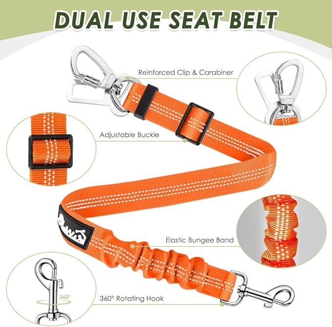 Lukovee Dog Seat Belt for Car, Adjustable Dog Car Harness for Large Medium Small Dogs, Soft Padded & Breathable Mesh Dog Seatbelt with Car Strap and Carabiner (Orange,L)