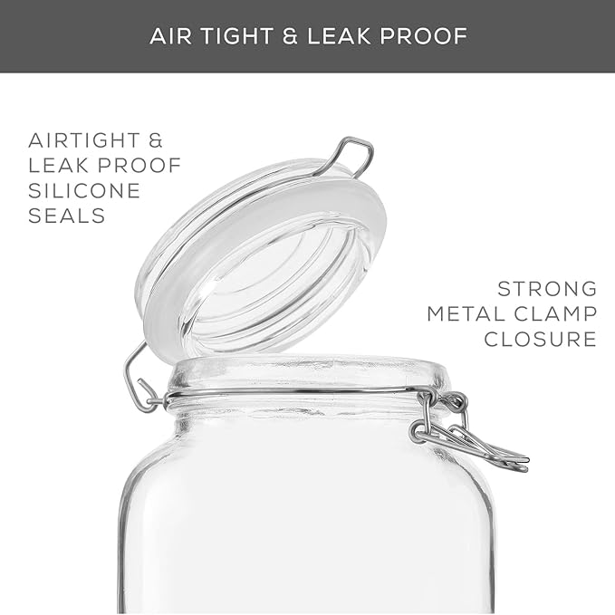 JoyJolt Airtight Glass Jars with Lids Set of 3. 32oz Glass Jar with Lid and 6 Silicone Seals! Med Glass Food Storage Containers. Square Mason Jar, Candy Jar, Sugar Jar, Pasta Containers for Pantry