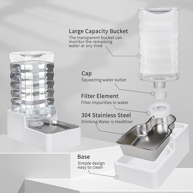 Automatic Dog Water Dispenser: White 9L Stainless Steel Gravity Feeder - BPA-Free Large Capacity for Pets