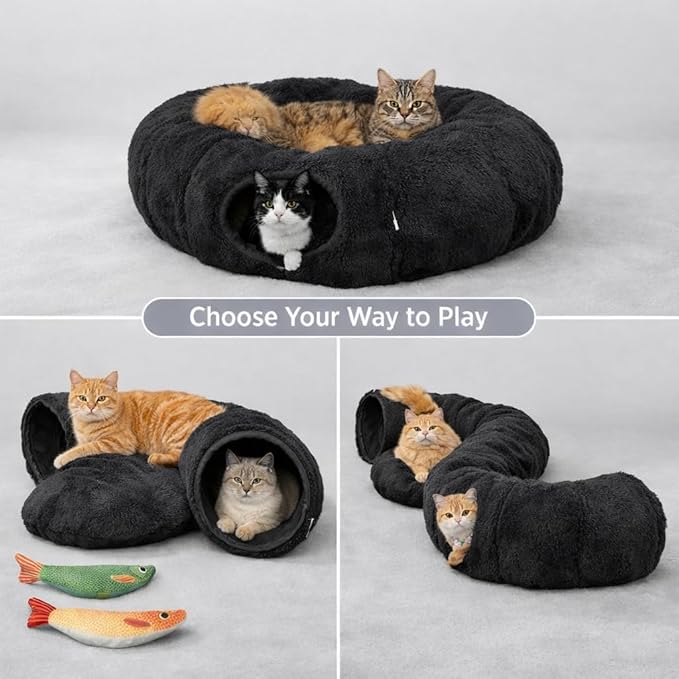 R1M Cat Tunnel Bed for Indoor Cats, Cute Cat Donut Tunnel Toys for Small, Larger Cats with Two Fish Cat Toys, Round Pet Peekaboo Cave Toy for Kitten, Dark Grey