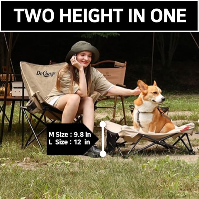Two Heights in One, Dog Bed Cot for Pet, Waterproof Mesh, Adjustable Height, Indoor/Outdoor (Khaki Brown, Medium)
