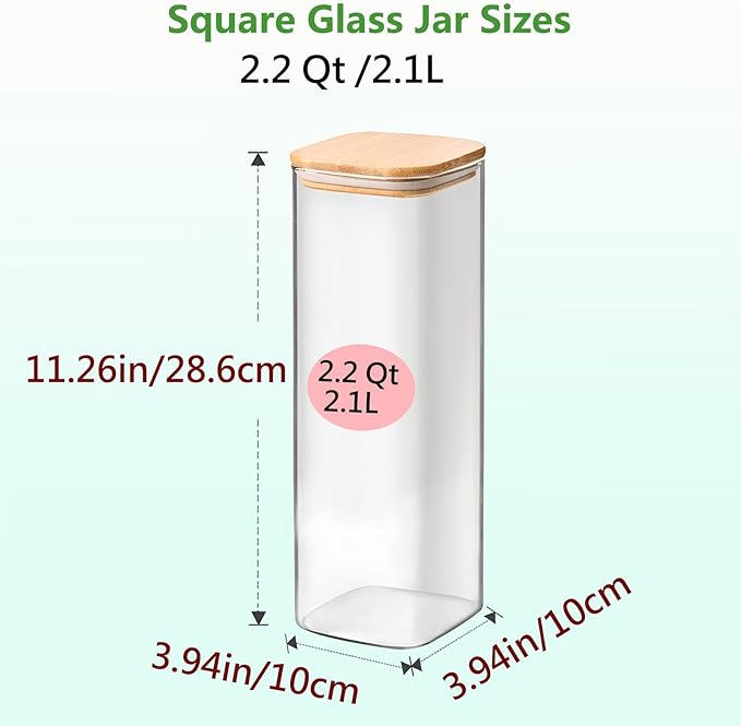 2.2 Qt Square Glass Storage Containers with Lids, Clear Food Storage Container Jar with Sealing Bamboo Lid Storage Containers for Pasta, Oats, Coffee, Flour, Sugar, Square Set-3Pack