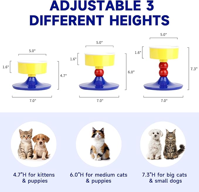 Cat Food and Water Bowls,Raised Cat Bowl,Three Adjustable Height Options, 20° Tiltable, 360° Rotatable, Raised Pet Bowl.Suitable for Small Dogs, Kittens, and Adult Cats.1 Piece, Color: Colorful