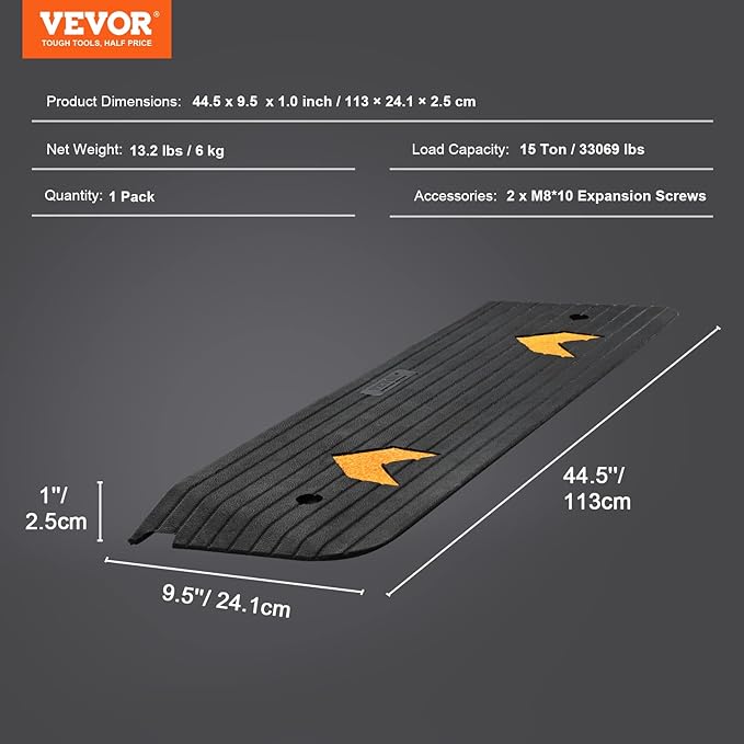 VEVOR Rubber Threshold Ramp, 1" Rise Wheelchair Ramp Doorway, Natural Curb Ramp 3.7 Feet Long, 33069Lbs Load Capacity, Non-Slip Textured Surface Rubber Curb Ramp for Wheelchair and Scooter