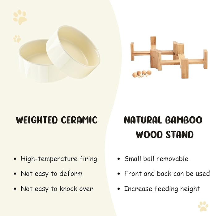SPUNKYJUNKY 15° Slanted Ceramic Dog and Cat Bowl with Wooden Stand, Tilted Bulldog Food and Water Bowl No Slip Non-Spill for Cats Medium Dogs Big Face Pets 13.5 OZ (1.7 Cups, Beige × 2)