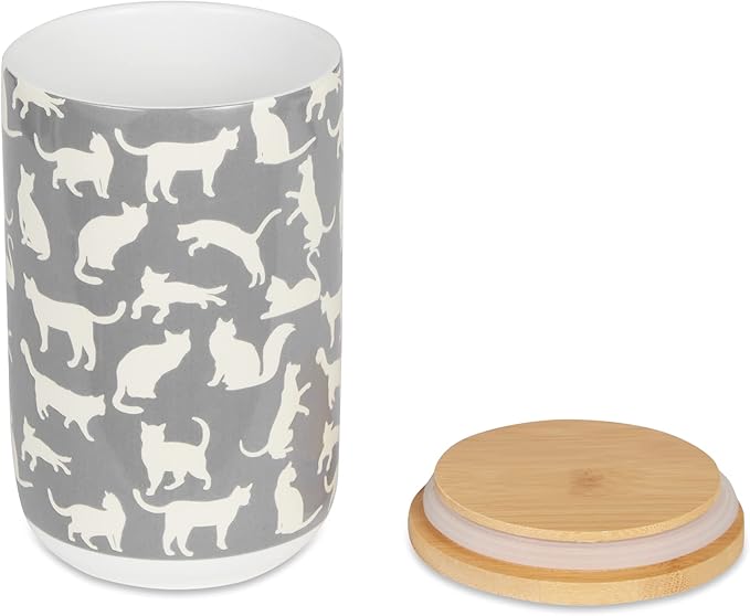 Bone Dry Ceramic Treat Jar for Cats and Dogs, Bamboo Lid, Dishwasher Safe Canister, 4x6.5, Gray, Cat Treats (Pack of 6)