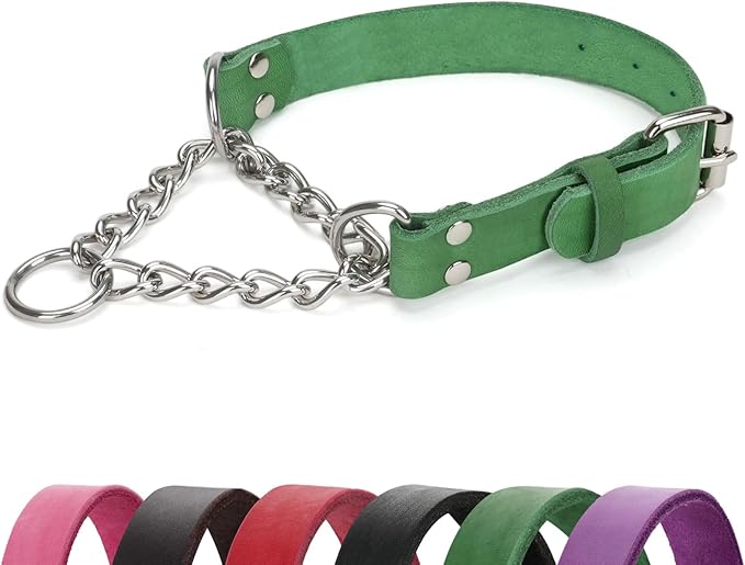 Martingale Collar for Dogs No-Pull Adjustable Training Collar with Stainless Steel Chain - Genuine Leather Anti-Slip Design for Small,Medium,Large Breed Dogs - Green (S)