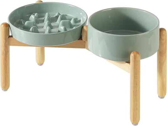 Ceramic Raised Slow Feeder Dog Bowl Set, Elevated 7.3inch Bowl and 8.2inch Slow Pet Food Dish with Wooden Stand for Medium and Large Dog (2 x Light Green+ Stand)