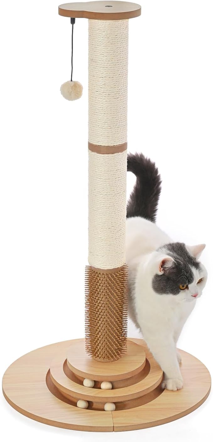 Made4Pets Cat Scratching Post Premium Sisal Cat Scratcher Kitten Toys for Indoor Kittens 33.6" Tall Cat Tower Scratch Post Cat Tree Wooden Interactive Ball Track Cat Toy with Hanging Ball, Beige