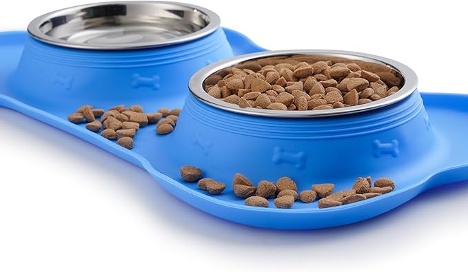 Hubulk Pet Dog Bowls 2 Stainless Steel Dog Bowl with No Spill Non-Skid Silicone Mat + Pet Food Scoop Water and Food Feeder Bowls for Feeding Small Medium Large Dogs Cats Puppies (Small, Blue)