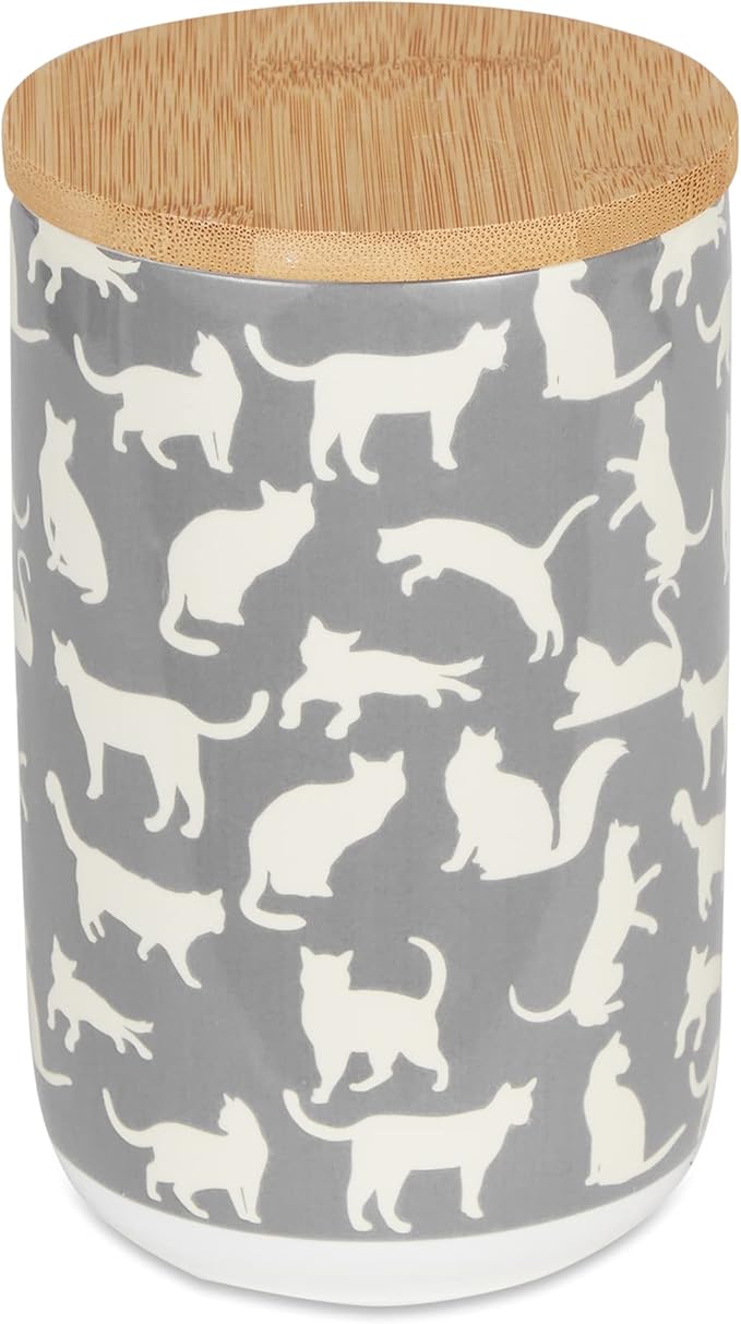 Bone Dry Ceramic Treat Jar for Cats and Dogs, Bamboo Lid, Dishwasher Safe Canister, 4x6.5", Gray, Cat Treats