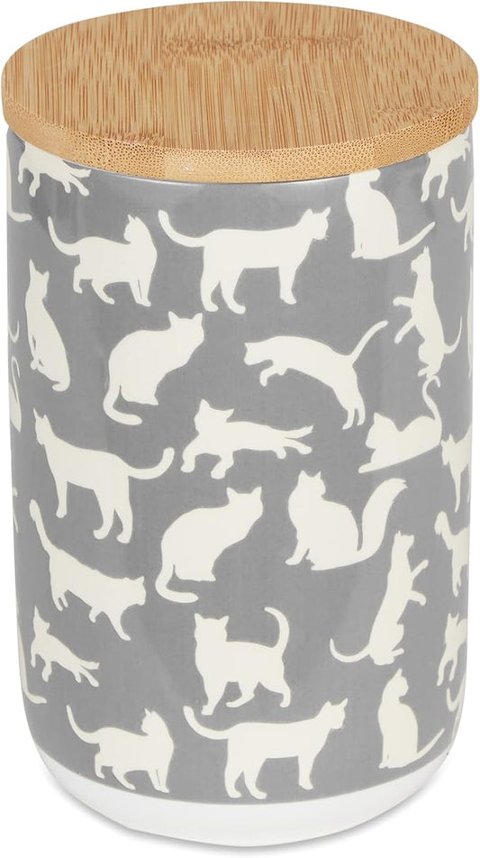 Bone Dry Ceramic Treat Jar for Cats and Dogs, Bamboo Lid, Dishwasher Safe Canister, 4x6.5", Gray, Cat Treats