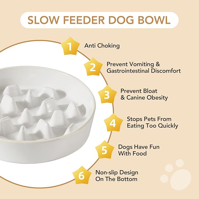 Ceramic 3.2 Cup Raised Slow Feeder Dog Bowl Set, Elevated 8.2inch Bowl and 9.5inch Slow Feeder Dish with Acacia Wood Stand for Large Dog (2 x Reactived Glaze -White+ Stand)