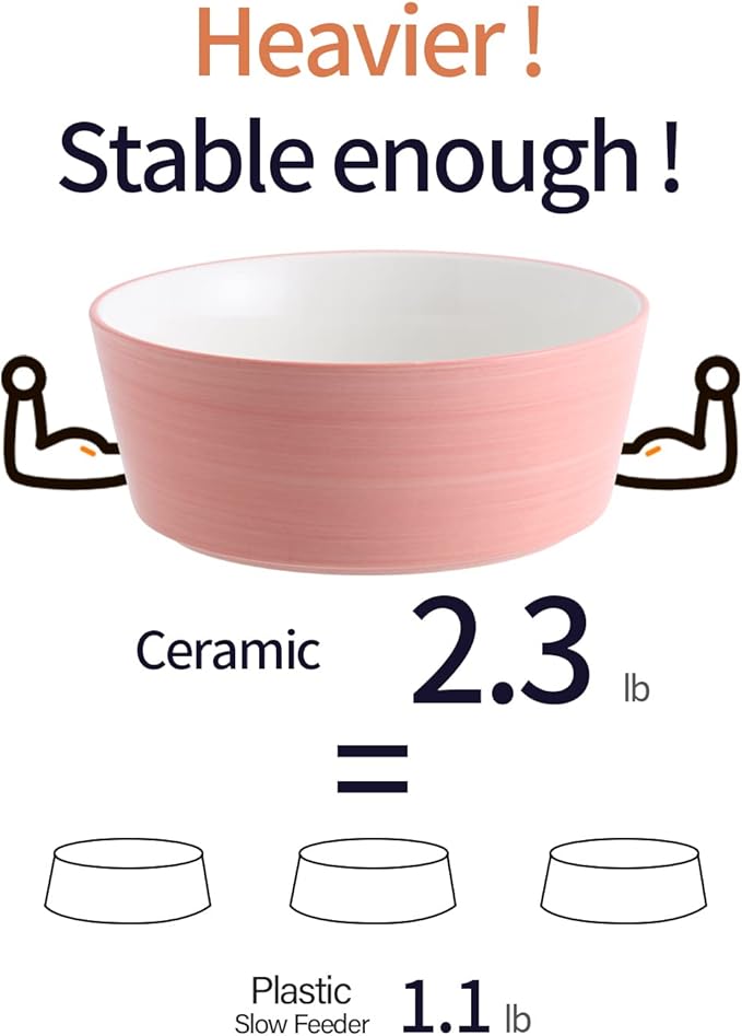Pink Dog Bowl Ceramic for Medium Large Breed, Heavy Weighted Dog Food Water Dish, 8 in Non - Slip Modern Cute Extra Big Porcelain Pet Bowl Maze Wide Mouth