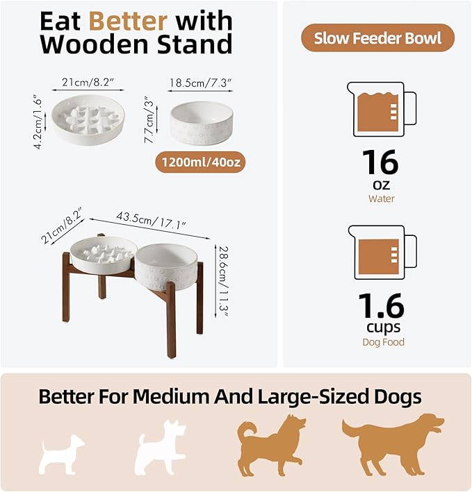 Ceramic 1.6 Cup Raised Slow Feeder Dog Bowl Set, Elevated 7.3inch Bowl and 8.2inch Slow Feeder Dish with Acacia Wood Stand for Medium and Large Dogs (2 x Reactived Glaze -White+ Stand)