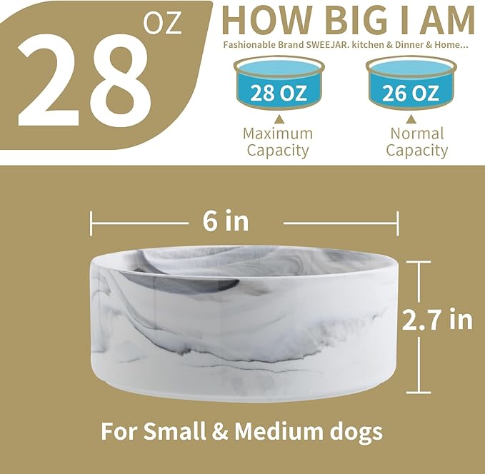 Raised/Elevated Ceramic Dog Bowl for Small Medium Sized Breeds,Dog Food Water Bowl with Stand,6 in Non Slip Heavy Weighted 3.6 Cups Marble Grey