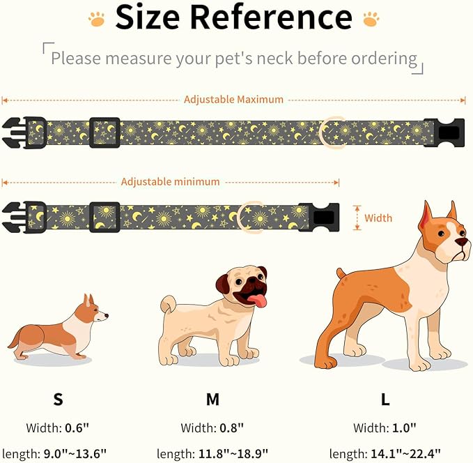 Cotton Dog Collar,Adjustable Cute Puppy Collar with Moon Patterned Design for Small Medium Large Dogs,Soft and Fancy Pet Collar with Safety Buckle for Girl Boy Dogs (Yellow Moon, L)