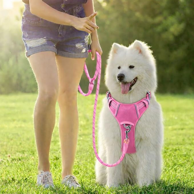 BARKBAY Dog Harness No Pull Oxford with ID Tag Pocket - Heavy Duty, Reflective, Easy Control for Large Dogs(Pink Oxford,S)