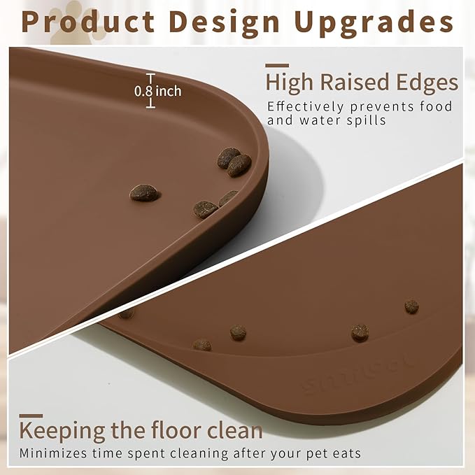 Silicone Pet Food Mat with Raised Edge for Food and Water Bowl, Dog Feeding Mats, Cat Food Trays for Floor Waterproof, Rubber Tray for Dogs and Cats, 22 x 14 x 0.8 Brown