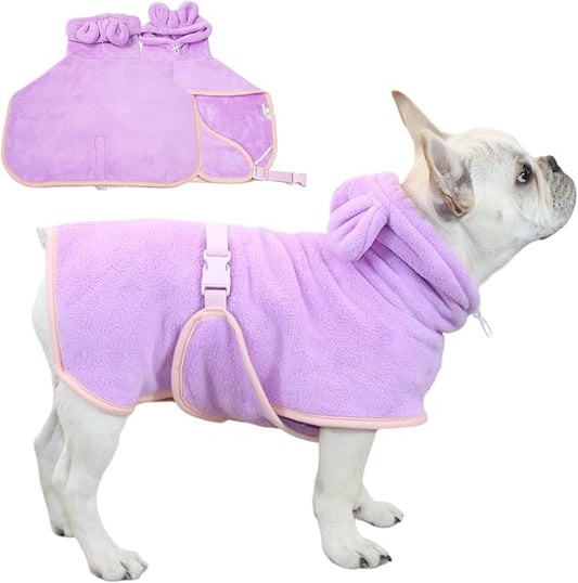 Pet Bathrobe for Dog Cat Absorbently Quick Drying Coat Cute Dogs Bath Towel Hooded Robe Adjustable Collar & Belly Strap for Pool Beach (Purple, Medium)