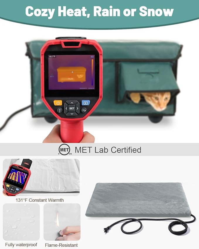 Heated Cat House for Outside with Dual Doors, Insulated Cat House Outdoor with Heating Pad, Weatherproof Heated Outdoor Cats Houses Waterrproof for Feral Cats (Deep Green, 25" L x 16" W x 13" H)