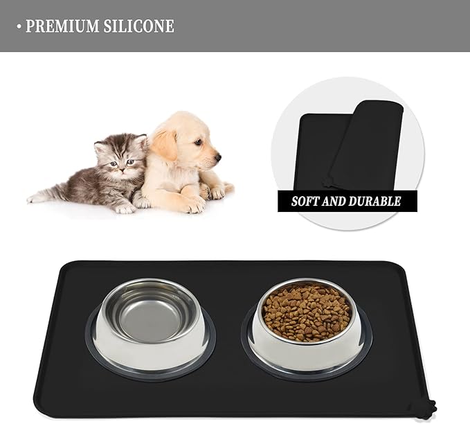 Waterproof Pet Feeding Mat with High Raised Edges, Heavier and Thicker Placemats for Cat Dog Water Bowl with BPA Free, Dogs Cats Food Mats for Messy Drinkers to Prevent Spill and Protect Floors