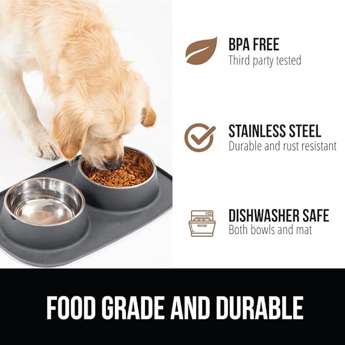 GORILLA GRIP Feeding Mat Set, Patent Pending 100% Waterproof BPA Free Silicone, Stainless Steel Cat and Dog Bowls, Slip Resistant, High Edges Catch Water Food, US Designed Pet Accessories, 1 Cup Gray