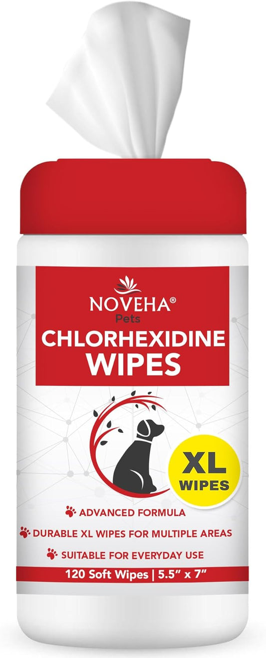 NOVEHA 120PCs XL Formulated Pet Wipes for Dogs & Cats - Safe for Facial & Finger Folds, Underarms, Groin, Hot Spots, Redness & Skin Relief, On-The-Go Size 5.5" x 7"
