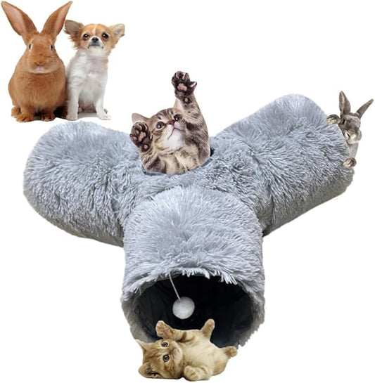 Cat Tunnel Tube Toy Collapsible 3 Way Grey Plush, Pet Tunnels for Indoor Cats, Play Tubes with Hanging Ball Perfect for Kitten, Puppy, Rabbit, Interactive Toys for Fun Playtime & Exercise