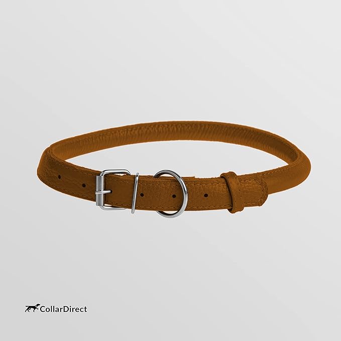 CollarDirect Rolled Leather Dog Collar, Soft Padded Round Puppy Collar, Handmade Genuine Leather Collar Dog Small Large Cat Collars 13 Colors (6-7 Inch, Cinnamon Textured)