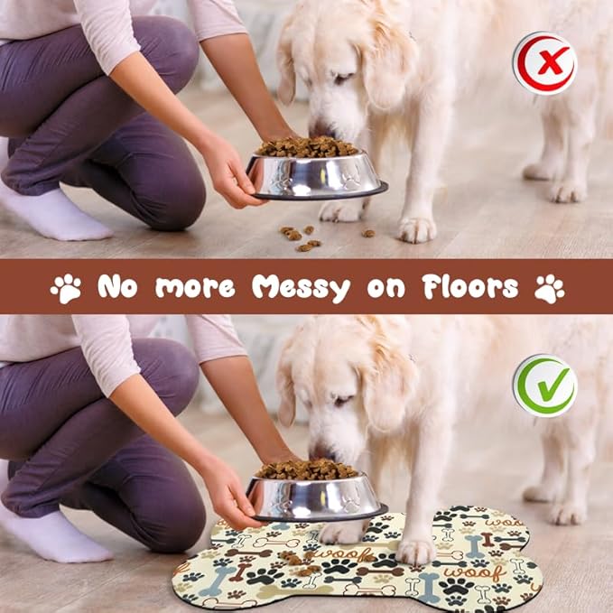 Dog Food Mats for Floors Waterproof, Pet Feeding Absorbent Water Bowl Mat Cat Placemats Beige Bone Shape 25.5 * 17 inch