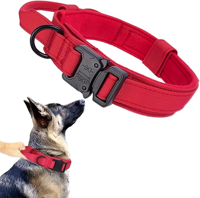 Xqpetlihai Tactical Dog Collar Adjustable Military Nylon Dog Collar with Control Handle and Heavy Duty Metal Buckle for Medium and Large Dogs (Red,M)