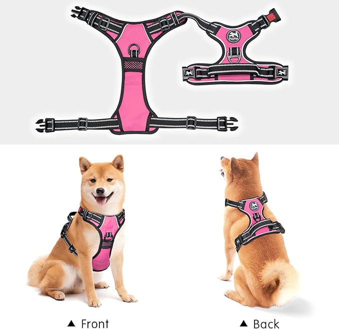 PoyPet No Pull Dog Harness, No Choke Front Clip Dog Reflective Harness, Adjustable Soft Padded Pet Vest with Easy Control Handle for Small to Large Dogs(Pink,L)