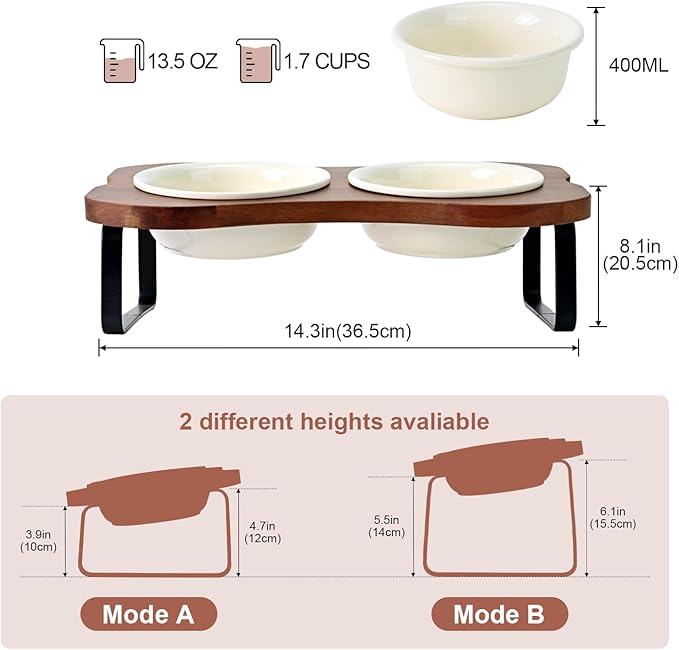 SPUNKYJUNKY Ceramic Elevated Tilted Dog Bowls Bone-Shaped Raised with 2 Height Iron Stand, 5.9'' Dog and Cat Food Water Bowls Set Non-Slip for Small Sized Breed - 13.5 OZ,Beige