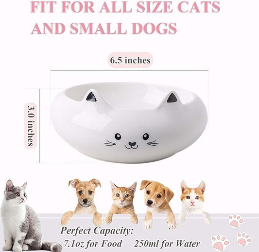 Cat Bowls, Cat Food Bowl with Ears, Ceramic Cute Kitten Water Bowl 7.1oz, Slanted Kitten Feeding Dish 6.5 inch, Whisker Fatigue Friendly, Adorable and Multi-Use Gift for Girls