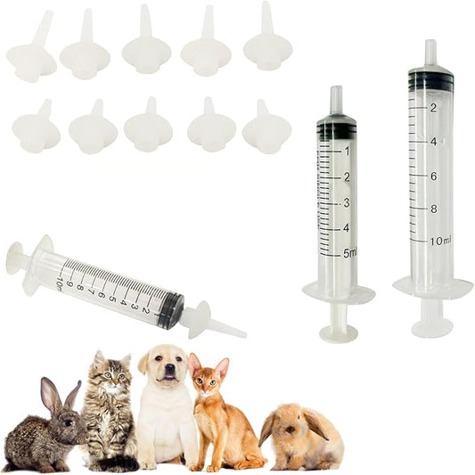 10pcs Kitten Feeding Nipples & Nursing Syringe, Silicone Newborn Kitten & Puppy Feeding Kit, Miracle Nipples for Kittens, Puppies, Rabbits, Squirrels, Small Animals (5ml + 10ml)