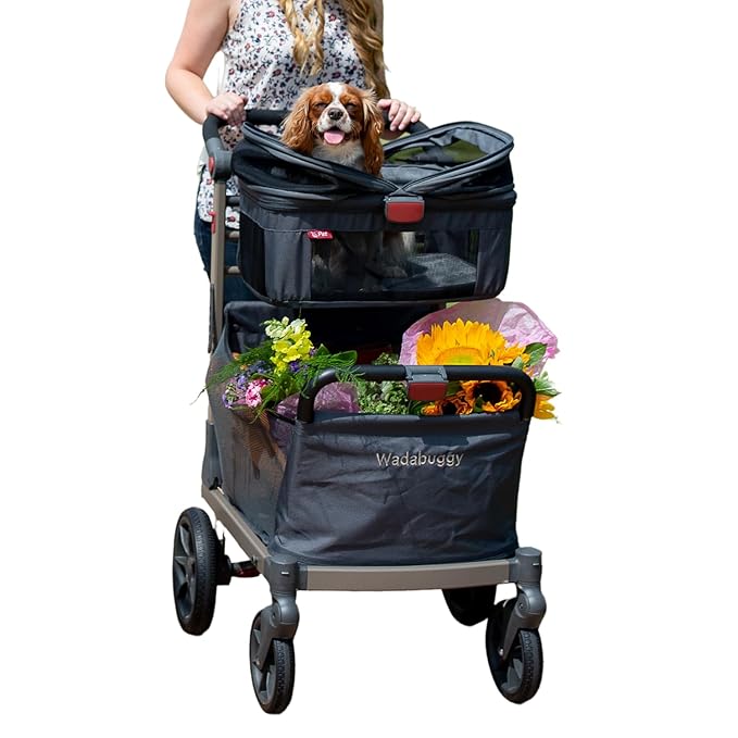 Wadabuggy Pet Foldable Cart - Luxury Cat & Dog Stroller with Extra Large Shopping Basket, Cup Holders, & Ventilated Canopy - Easy Fold Pet Stroller for Cats & Dogs